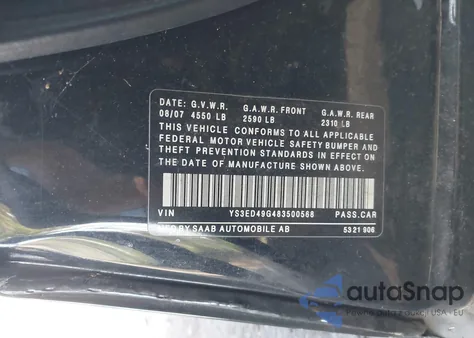 2008 Saab 9-5 2.3T z USA, uszkodzony, nr VIN YS3ED49G483500568